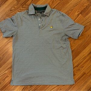 Masters Striped Polo Shirt - Green and White with Yellow Logo Size Medium